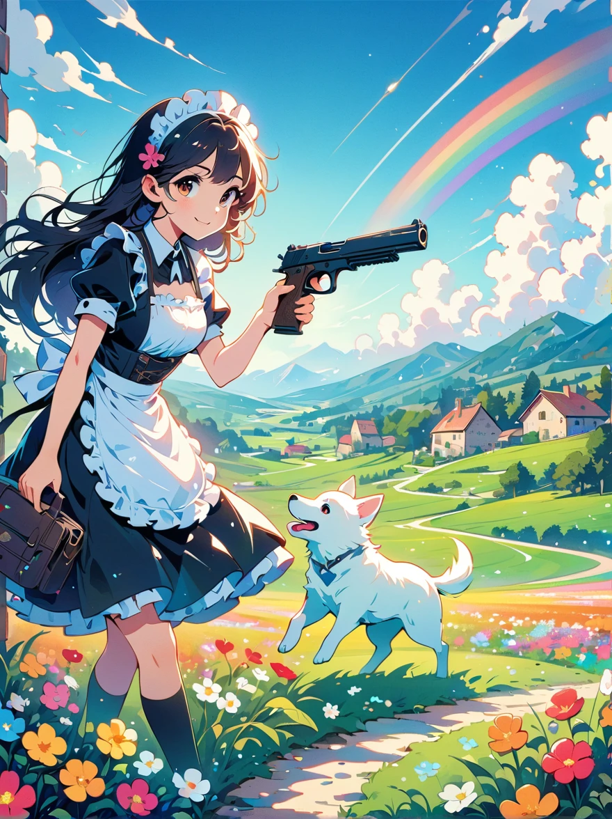 French countryside，Illustration of a cute girl，Black long hair，Wearing maid outfit, maid，Holding a white dog，Walking in the flower fields，Cloudy sky in the background，Right hand holding the gun，The gun is pointed at you，Happy expression，digital art style，Rough Line Work，Flat illustration style，Vibrant colors，The breath of spring，Landscape photos，high resolution，high quality，High Detail，Colorful, rainbow, small , Contrasting colors, in the spring landscape, icon design, Rozmin trip, vector art, Solitary，Abstract surreal colors, Popular geometric surrealism, Rainbow colored dreams