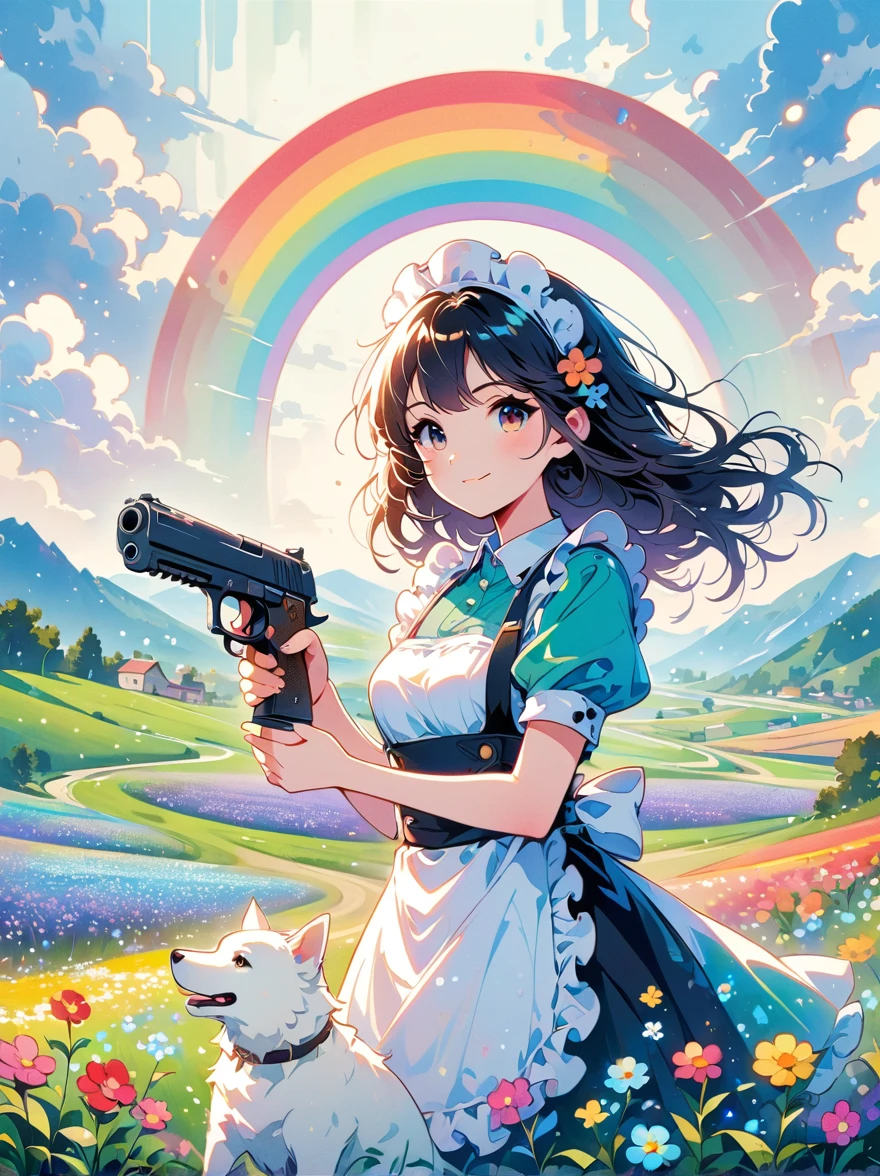 French countryside，Illustration of a cute girl，Black long hair，Wearing maid outfit, maid，Holding a white dog，Walking in the flower fields，Cloudy sky in the background，Right hand holding the gun，The gun is pointed at you，Happy expression，digital art style，Rough Line Work，Flat illustration style，Vibrant colors，The breath of spring，Landscape photos，high resolution，high quality，High Detail，Colorful, rainbow, small , Contrasting colors, in the spring landscape, icon design, Rozmin trip, vector art, Solitary，Abstract surreal colors, Popular geometric surrealism, rainbow色的梦想