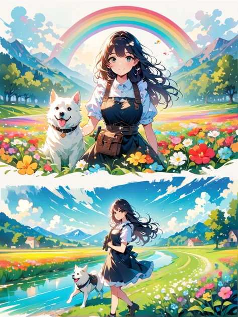 French countryside，Illustration of a cute girl，Black long hair，Wearing maid outfit, maid，Holding a white dog，Walking in the flow...