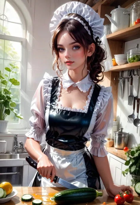 Maid Outfit, beautiful french maid in white latex outfit cutting cucumber in kitchen with knive, pretty face , pretty features, ...