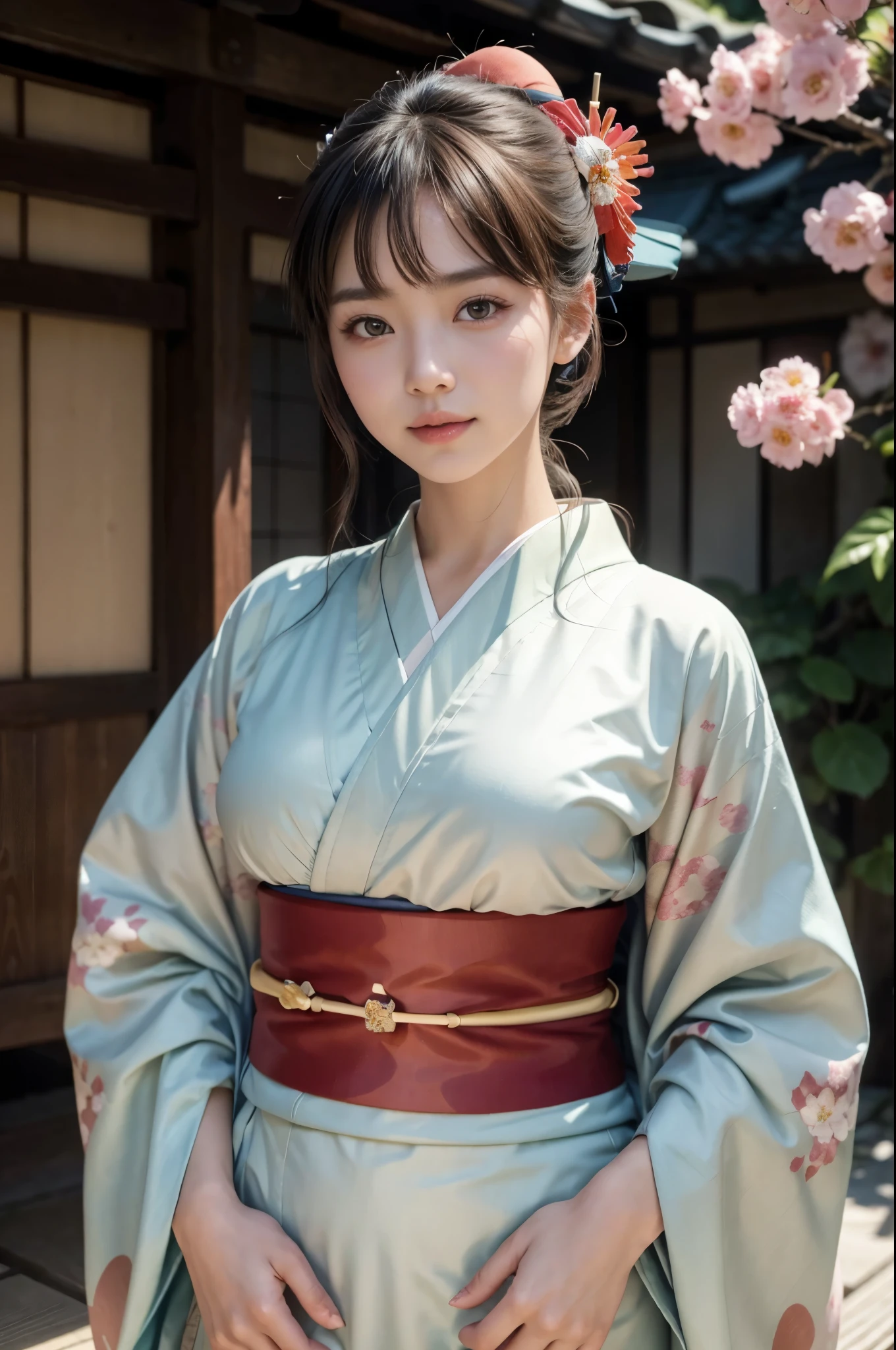 (masterpiece, highest quality, Realistic, High resolution, photograph, :1.3), Sharp focus, 1 Cute Japanese Girl, Hot Model, Highly detailed eyes and pupils, Realistic Skin, Highly detailed hair, Delicate face, Sensual look, Bright lips, Natural Lip, ((whole body shot)), standing pose, smile, (Kimono:1.5), (Floral:1.2), ((sash)), ((obi)), outside of home, (Japanese Style Country), full body,