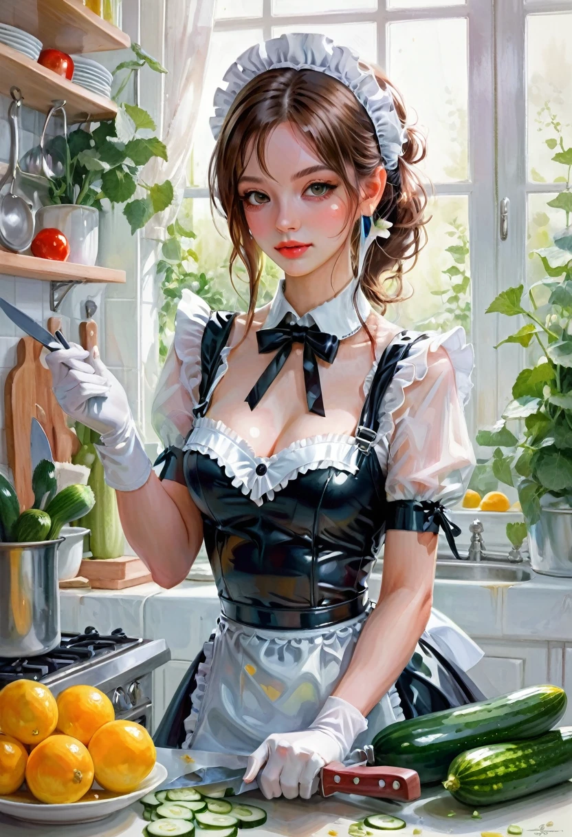 Maid Outfit, beautiful french maid in white latex outfit cutting cucumber in kitchen with knive, pretty face , pretty features, pretty pose, delicate, innocent, pretty kitchen, roses, light, detailed, acrylic, watercolor, royo