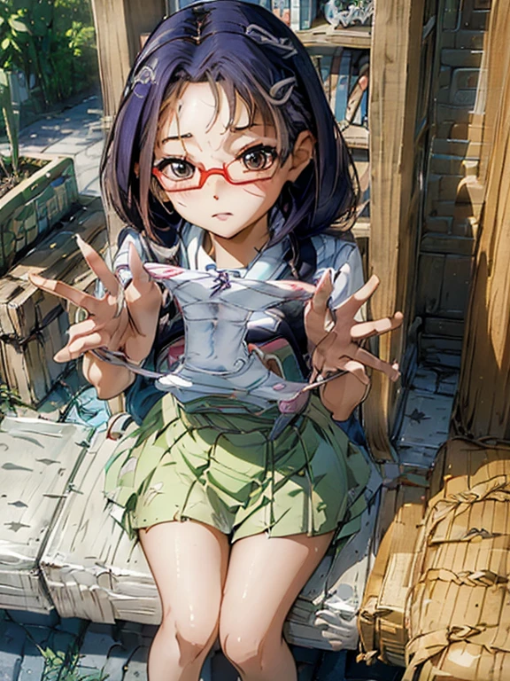 (((masterpiece))) (((background : School Theme : library : book ))) ((( character : teenager : Tzuyu : Otaku : Healthy Body : Braided hair : Glasses :  : Sitting : Study seriously )))，Holding the wet panties she just took off，Panties with white print，Accurate and detailed female fingers，