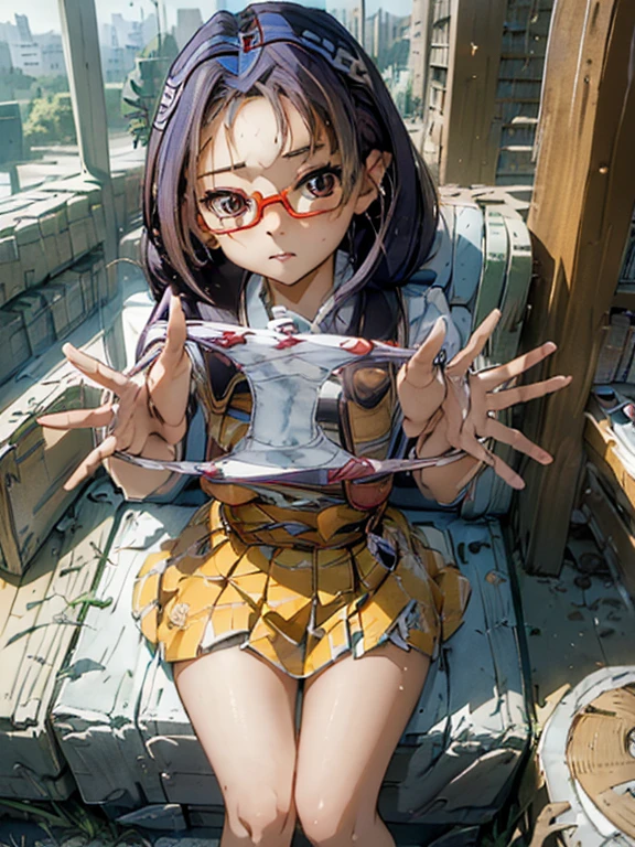 (((masterpiece))) (((background : School Theme : library : book ))) ((( character : teenager : Tzuyu : Otaku : Healthy Body : Braided hair : Glasses : : Sitting : Study seriously )))，Holding the wet panties she just took off，Panties with white print，Accurate and detailed female fingers，