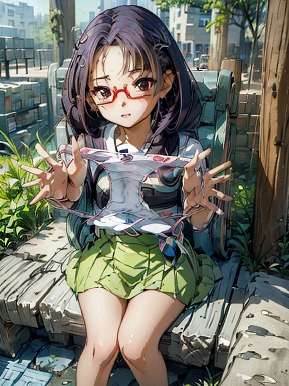 (((masterpiece))) (((background : School Theme : library : book ))) ((( character : teenager : Tzuyu : Otaku : Healthy Body : Braided hair : Glasses : : Sitting : Study seriously )))，Holding the wet panties she just took off，Panties with white print，Accurate and detailed female fingers，