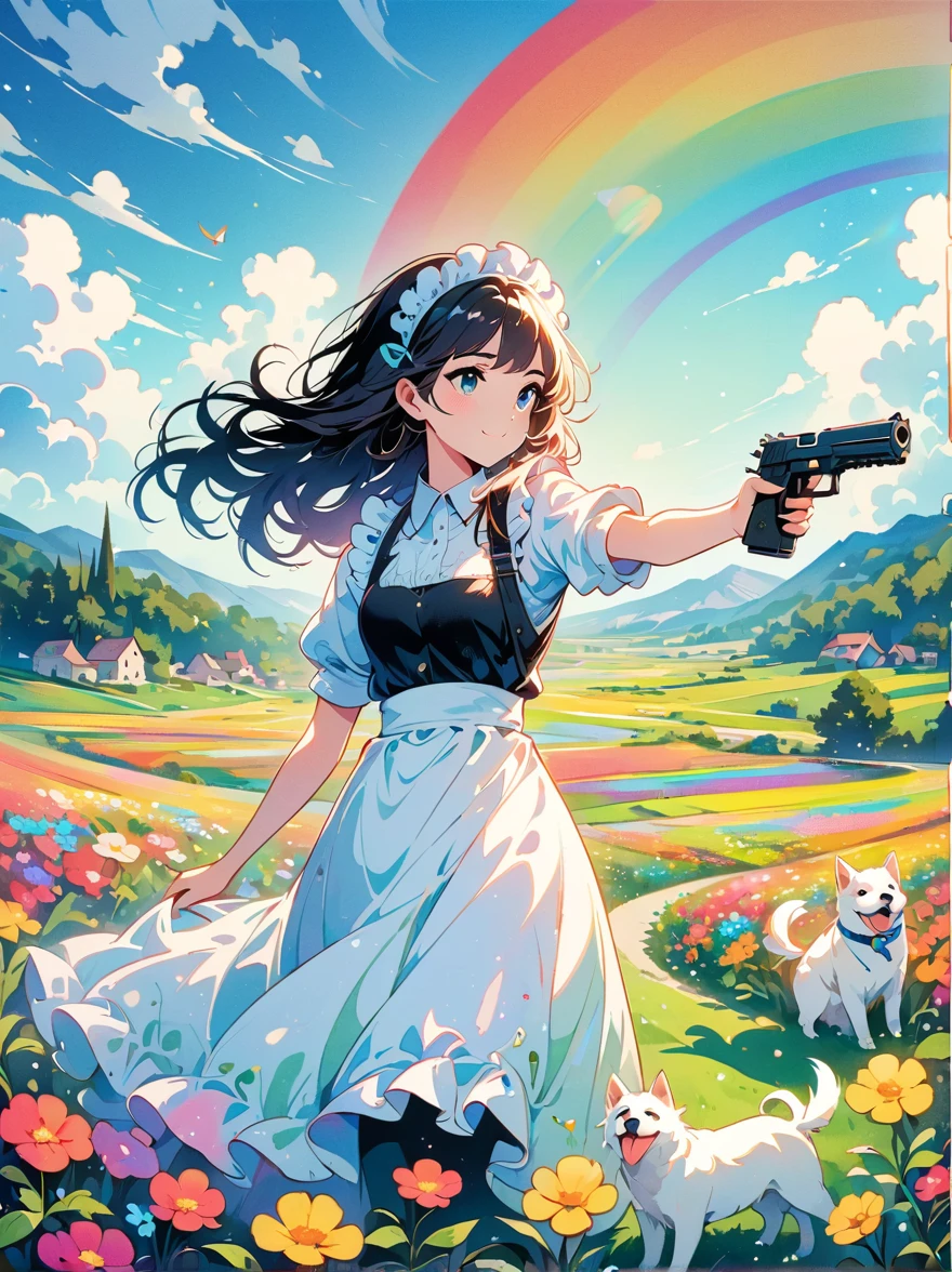 French countryside，Illustration of a cute girl，Black long hair，Wearing maid outfit, maid，Holding a white dog，Walking in the flower fields，Cloudy sky in the background，Right hand holding the gun，The gun is pointed at you，Happy expression，digital art style，Rough Line Work，Flat illustration style，Vibrant colors，The breath of spring，Landscape photos，high resolution，high quality，High Detail，Colorful, rainbow, small , Contrasting colors, in the spring landscape, icon design, Rozmin trip, vector art, Solitary，Abstract surreal colors, Popular geometric surrealism, Rainbow colored dreams