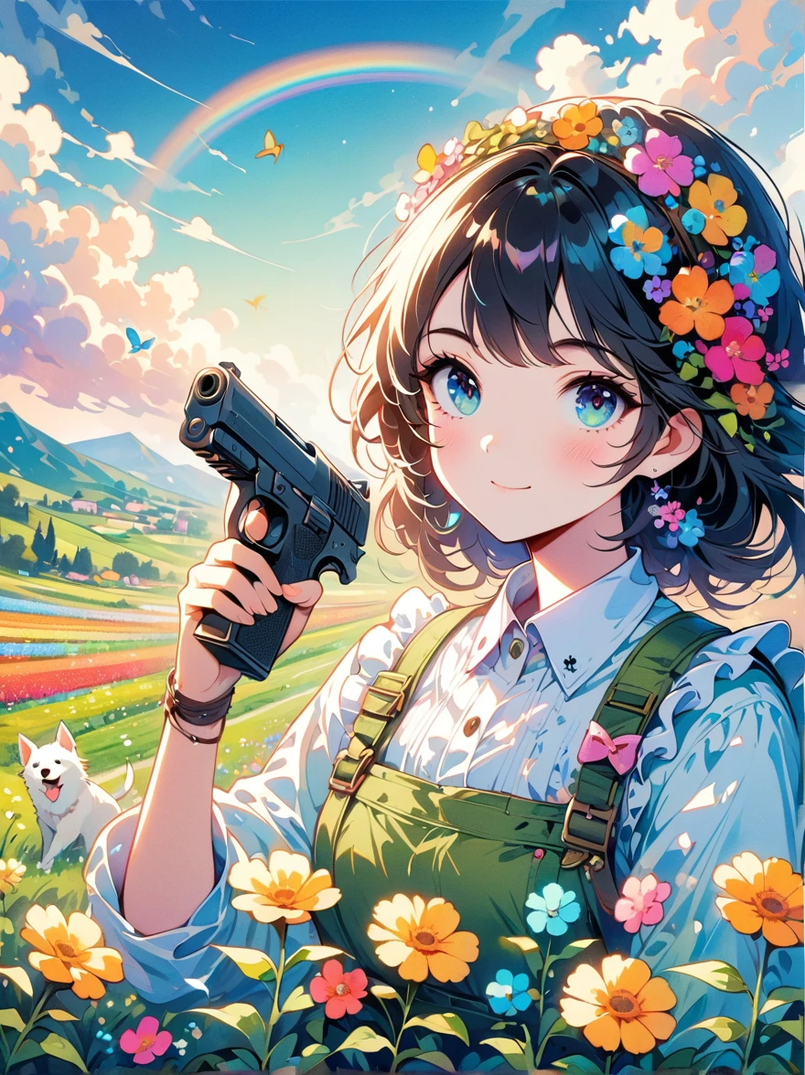 French countryside，Illustration of a cute girl，Black long hair，Wearing maid outfit, maid，Holding a white dog，Walking in the flower fields，Cloudy sky in the background，Right hand holding the gun，The gun is pointed at you，Happy expression，digital art style，Rough Line Work，Flat illustration style，Vibrant colors，The breath of spring，Landscape photos，high resolution，high quality，High Detail，Colorful, rainbow, small , Contrasting colors, in the spring landscape, icon design, Rozmin trip, vector art, Solitary，Abstract surreal colors, Popular geometric surrealism, Rainbow color dream