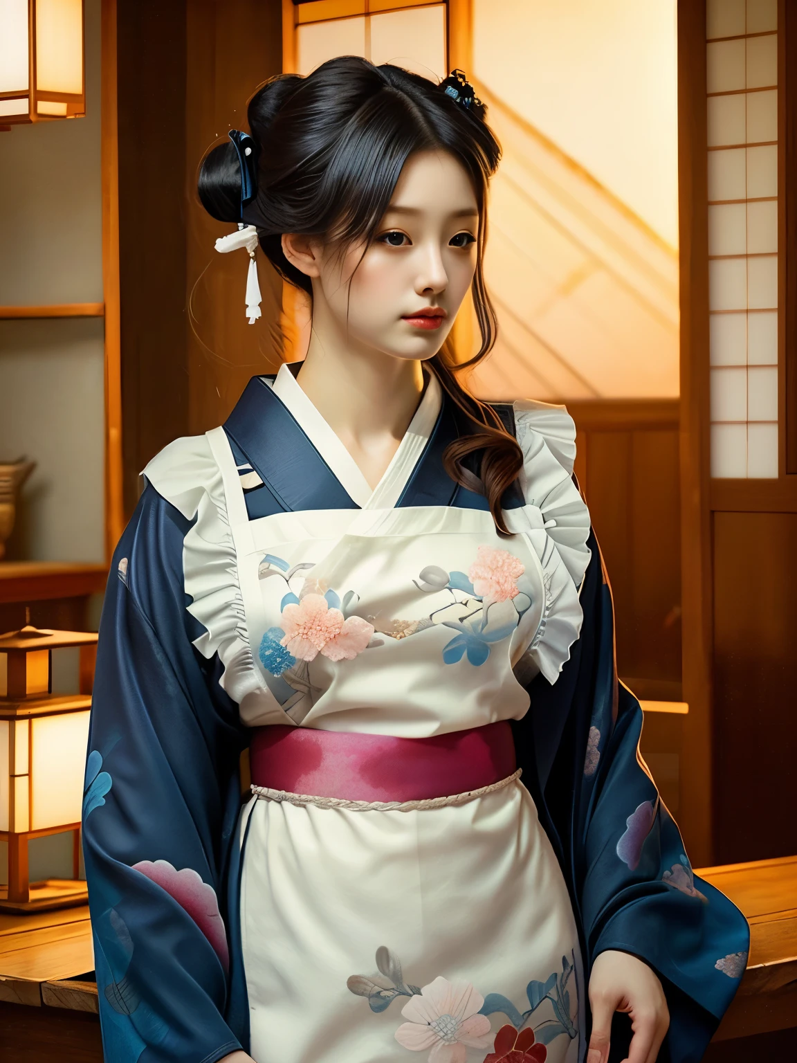 Beautiful young woman、A waitress at a cafe in the early Showa period、(Exquisitely painted traditional Japanese kimono:1.55)、(A large frilly white apron is worn over the kimono.:1.5)、Traditional Japan hairstyles、white ruffle headband、(highest quality、4k、8k、High resolution、masterpiece:1.2)、Super detailed、(Real、Photorealistic、Photorealistic:1.37)、Portrait、Bright colors、Soft lighting、Cowboy Shots、