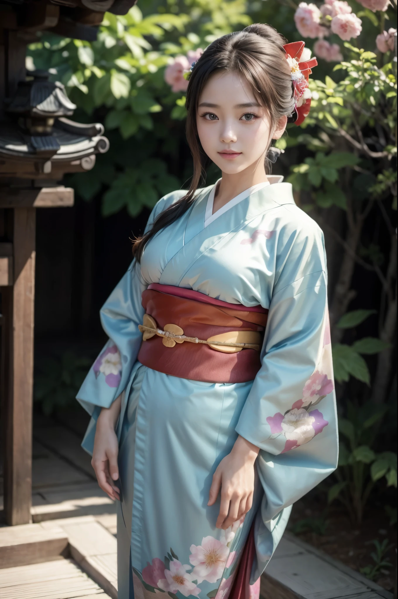 (masterpiece, highest quality, Realistic, High resolution, photograph, :1.3), Sharp focus, 1 Cute Japanese Girl, Hot Model, Highly detailed eyes and pupils, Realistic Skin, Highly detailed hair, Delicate face, Sensual look, Bright lips, Natural Lip, ((whole body shot)), standing pose, smile, (Kimono:1.5), (Floral:1.2), ((sash)), ((obi)), outside of home, (Japanese Style Country), full body,