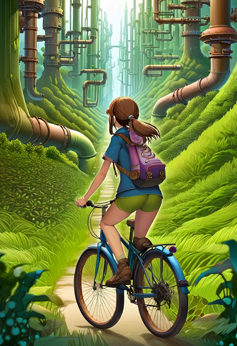 une fille fait du vélo, en short de course, short court, un groupe de tuyaux posés au milieu d&#39;une forêt, inspiré de Gediminas Pranckevicius, Architecture Warcraft, papier peint vertical, créature tubulaire, Tuyaux industriels
