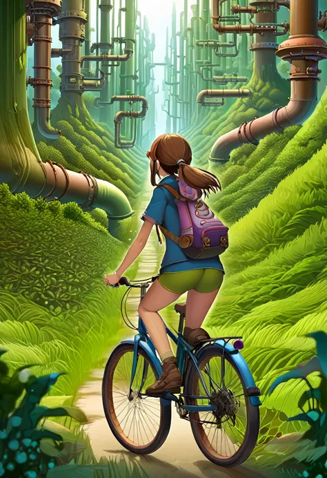 a girl rides a bicycle, in running shorts, short shorts, a group of pipes sitting in the middle of a forest, inspired by Gedimin...