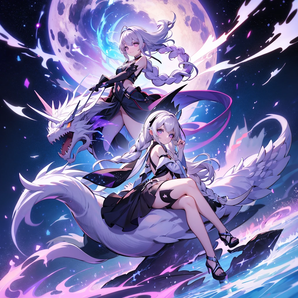 A couple is riding on the back of a white dragon、highest quality、Masterpiece、Official Art、Award-winning works、The best composition、A couple is riding on the back of a white dragon、Picture facing the viewer、god々Shii、yinji,1girl,solo, purple eyes, long hair, twin braids, purple hair, multicolored hair, elbow gloves, bangs, very long hair,bare shoulders, black skirt, grey hair, dress, smile, side cutout,covered navel, star、流star群、universe、A powerful white dragon in the background、
