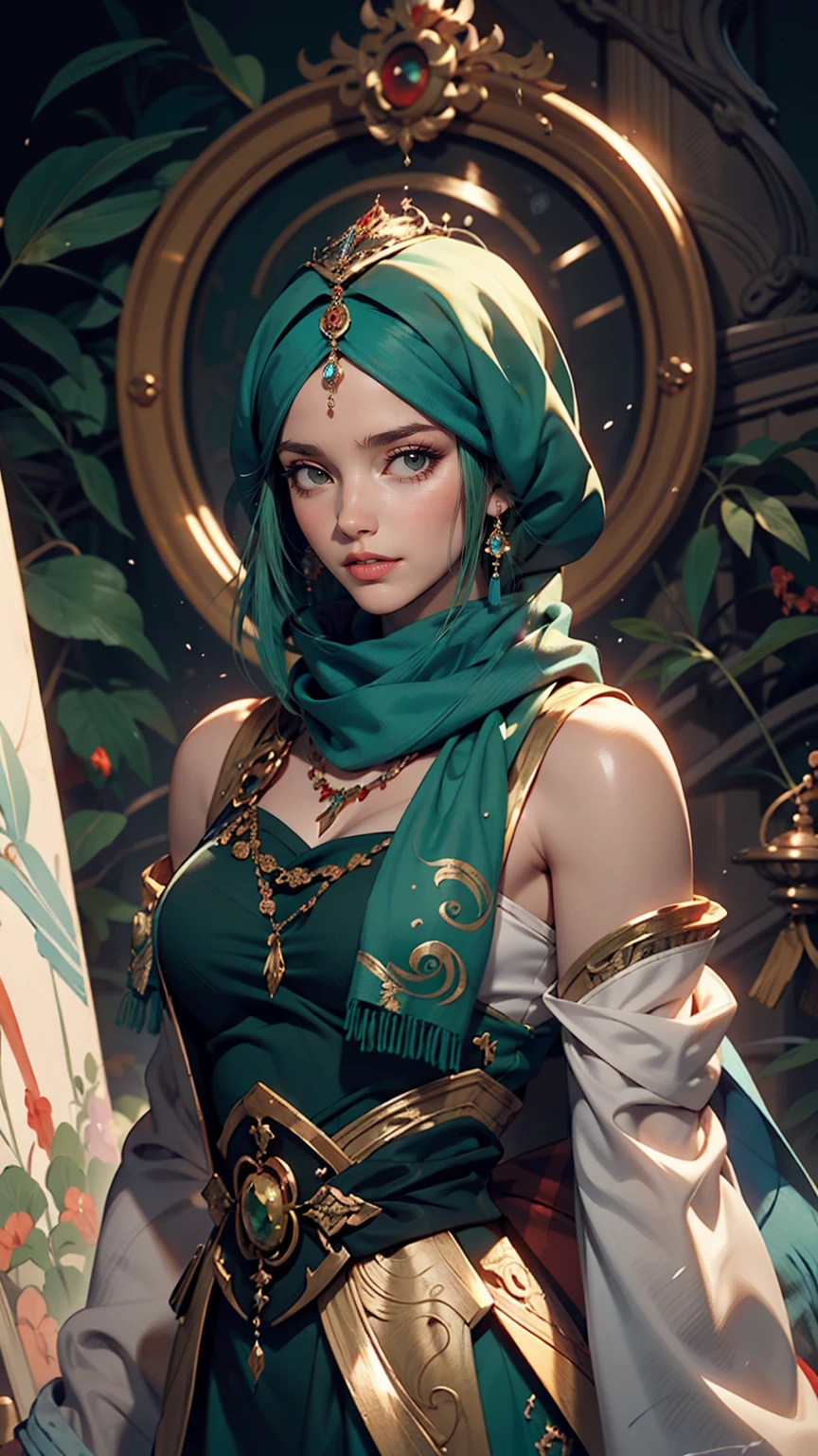 Woman in a blue dress with a long green scarf, Beautiful character drawings, Beautiful Fantasy Empress, by ヤン・J, style of ArtJam, ArtJam and ruan jia, extremely detailed ArtJam, trending ArtJam, ArtJam. Anime illustration, ruan jia and ArtJam, Inspired by Fuhua, ArtJam detailed