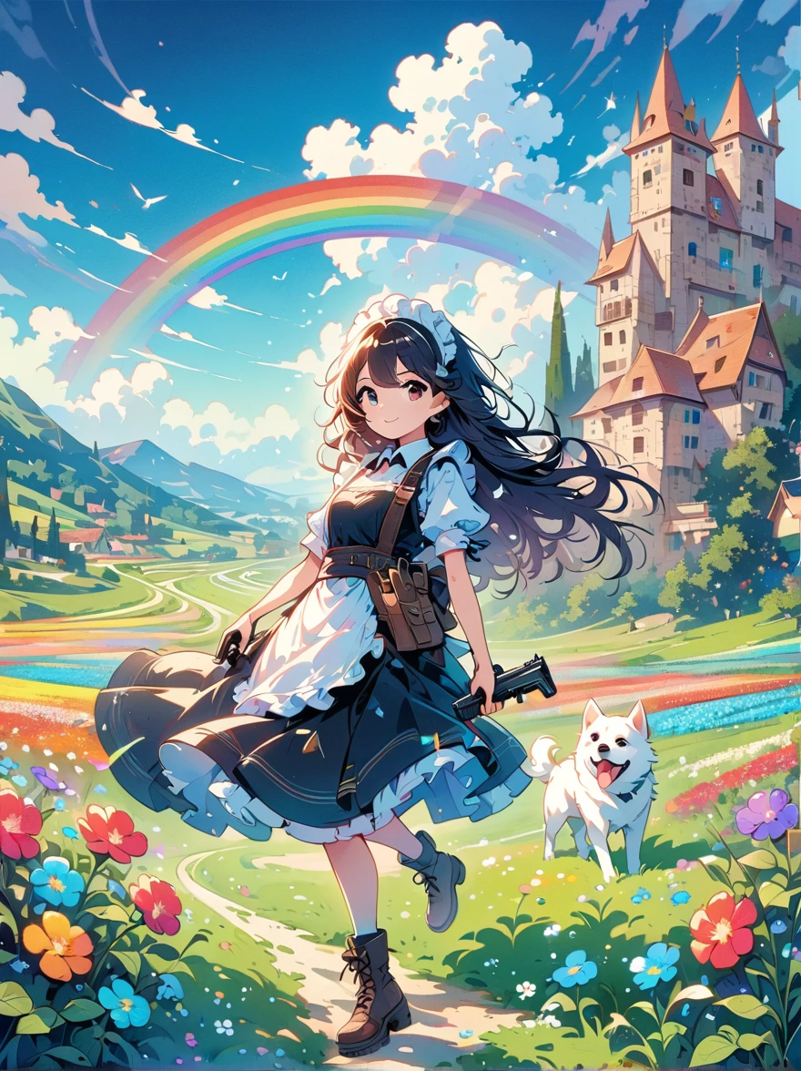 French countryside，Illustration of a cute girl，Black long hair，Wearing maid outfit, maid，Holding a white dog，Walking in the flower fields，Cloudy sky in the background，Right hand holding the gun，The gun is pointed at you，Happy expression，digital art style，Rough Line Work，Flat illustration style，Vibrant colors，The breath of spring，Landscape photos，high resolution，high quality，High Detail，Colorful, rainbow, small , Contrasting colors, in the spring landscape, icon design, Rozmin trip, vector art, Solitary，Abstract surreal colors, Popular geometric surrealism, Rainbow colored dreams