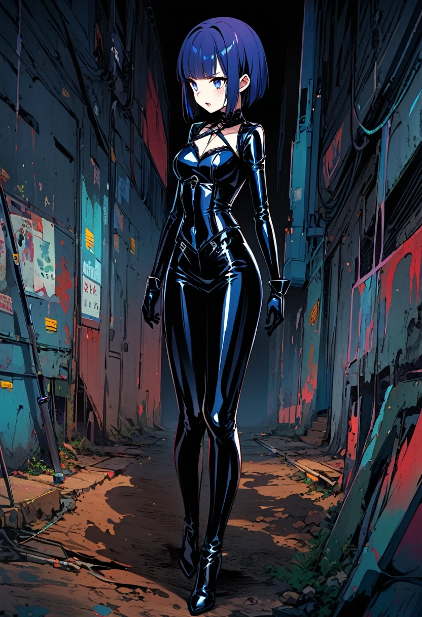 (Full body image of a girl in latex gothic fashion: 1.5), Japanese Manga, Lovely, Smokey Makeup, Dark blue hair, Blunt bangs, Straight Short Bob, Three blue white eyes, Black gloves, Latex knee high boots, High gloss finish, Very detailed, (underground), 8k.