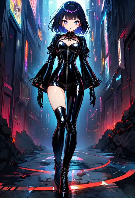 (full body image of a girl in latex gothic fashion: 1.5), japanese manga, lovely, smokey makeup, dark blue hair, blunt bangs, st...