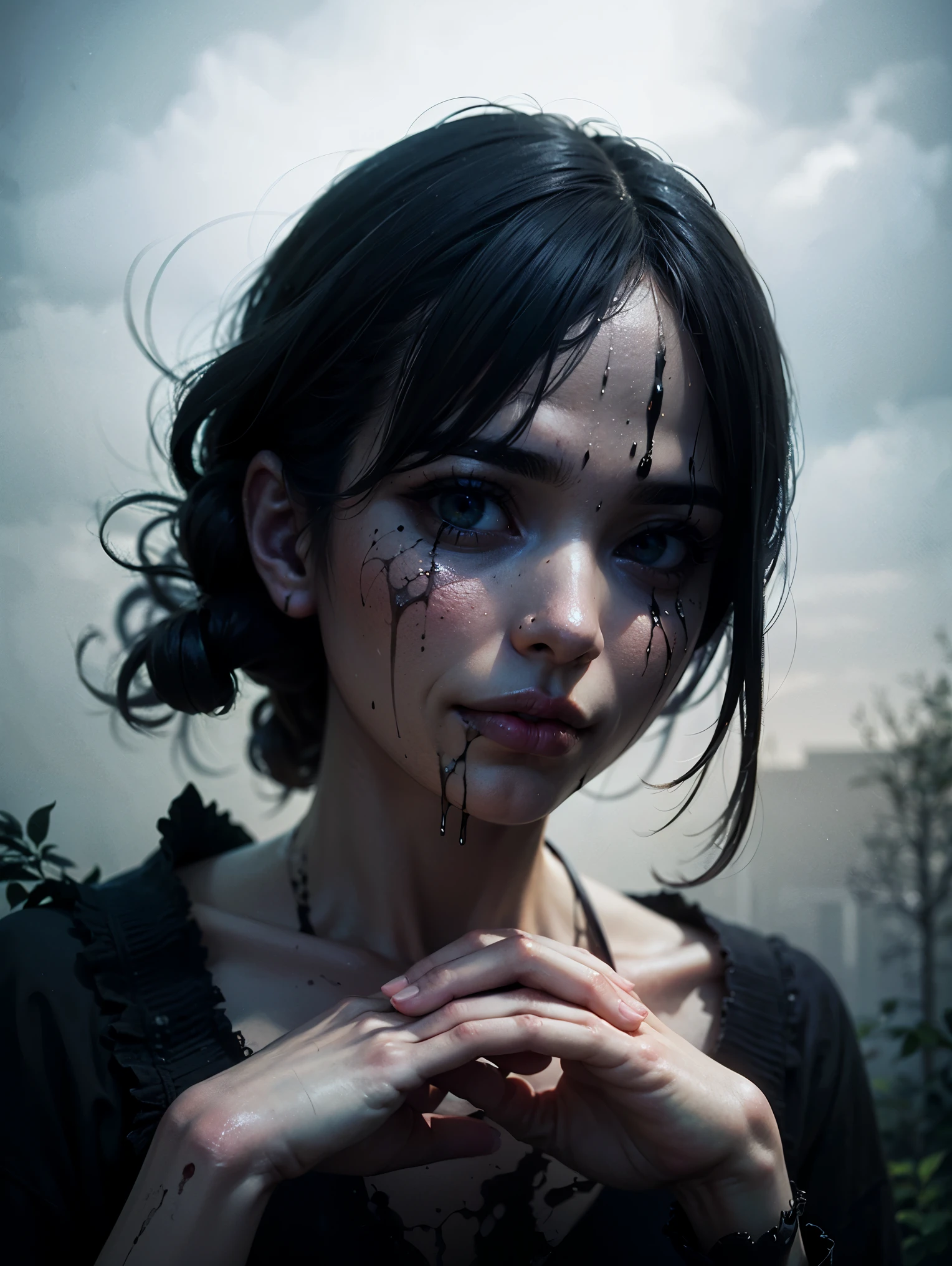 (best quality,4k,8k,highres,masterpiece:1.2),ultra-detailed,(realistic,photorealistic,photo-realistic:1.37),horror,small girl asian zombie,garden background,sharp focus,natural lighting,vivid colors,gruesome makeup,long black hair,eerie atmosphere,creepy expression,frightening eyes,rotting flesh,worn-out clothes,mysterious shadows,decaying flowers,foggy ambiance,dripping blood,unsettling silence,abandoned playground,haunting presence,ominous clouds,undead appearance, and desolate scene,sinister aura,spooky aesthetic,nighttime setting,claw-like hands,intricate facial details,menacing smile,anime-inspired elements,horror movie vibes,rainy weather,ghostly figures,horror story illustration,dark and disturbing concept,accidental yet artistic,unsettlingly unique,beautifully terrifying.