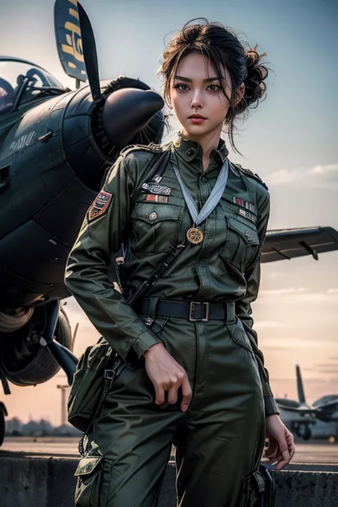 アメリカnull軍の軍服を着た美しい女性、1 girl、(delicate face、detailed eyes and face、double eyelid、glossy lips)、dark brown updo、null軍の軍服、army green...