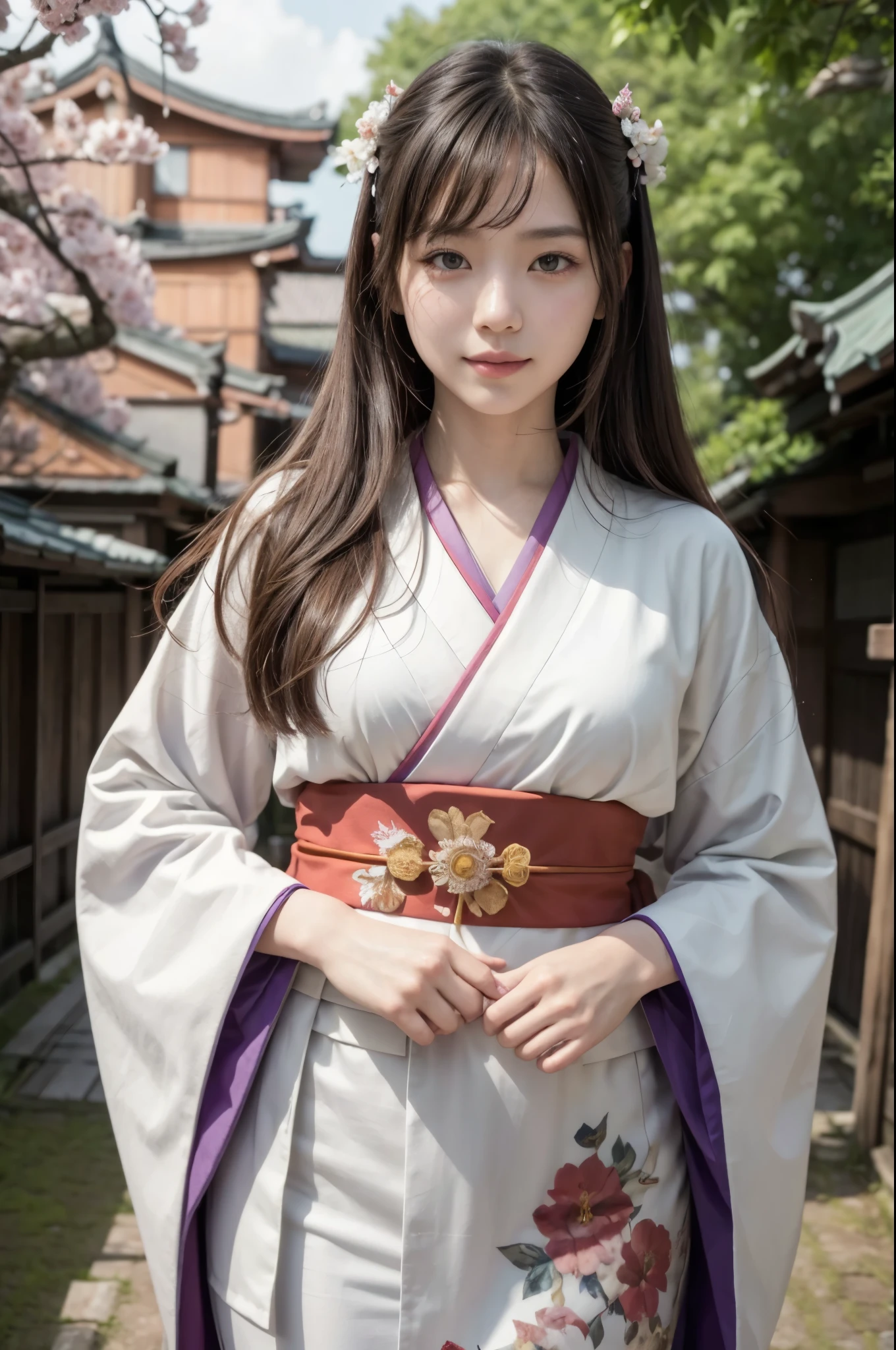 (masterpiece, highest quality, Realistic, High resolution, photograph, :1.3), Sharp focus, 1 Cute Japanese Girl, Hot Model, Highly detailed eyes and pupils, Realistic Skin, Highly detailed hair, Delicate face, Sensual look, Bright lips, Natural Lip, ((whole body shot)), standing pose, smile, (Furisode:1.5), (Floral:1.2), ((sash)), ((obi)), outside of home, (Japanese Style Country), full body,