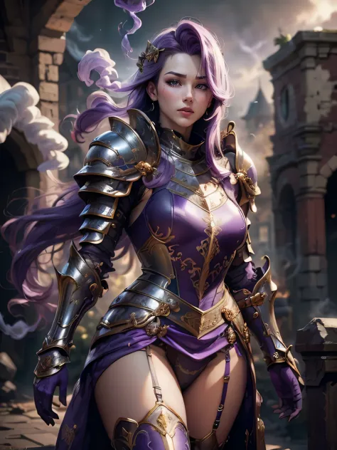 (masterpiece, superb detail, super detailed, high resolution), male focus, (((female armor))), (((armor purple dress set))), (sh...