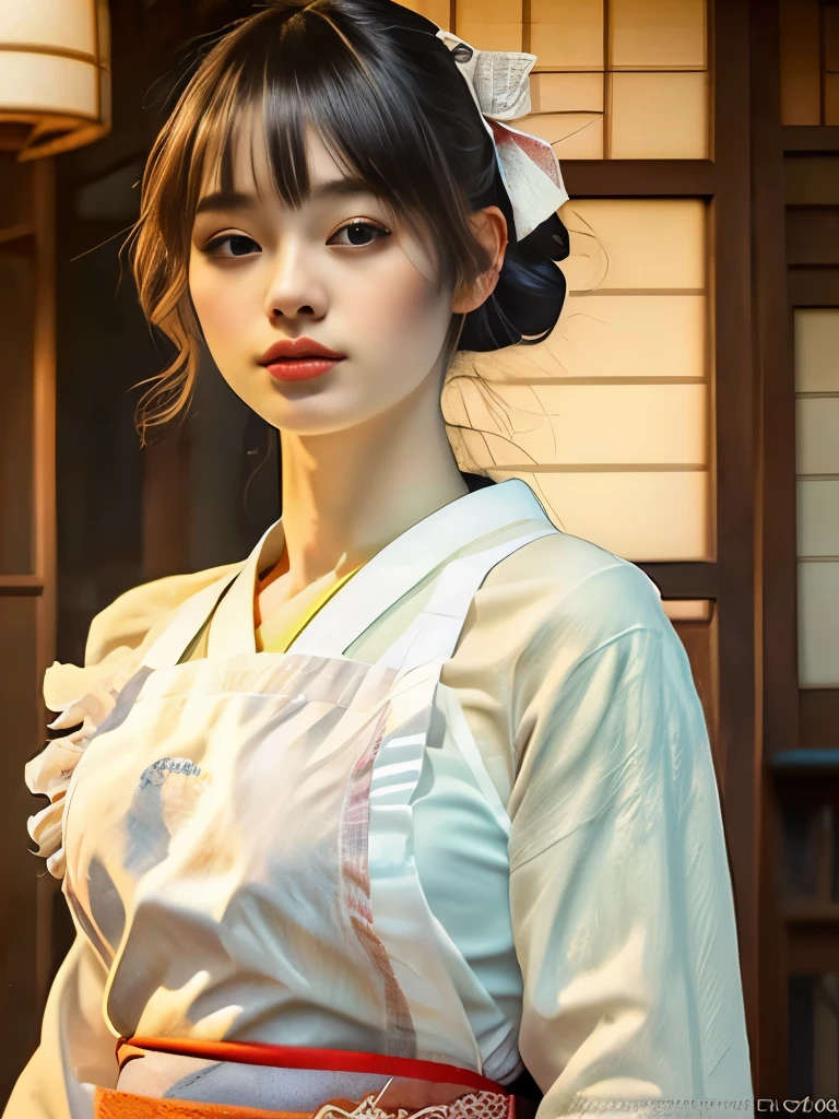 Beautiful young woman、A waitress at a cafe in the early Showa period、Elaborately drawn(Traditional Japanese Kimono:1.5)、(Large frilly white apron:1.5)、Traditional Japan hairstyles、white ruffle headband、(highest quality、4k、8k、High resolution、masterpiece:1.2)、Super detailed、(Real、Photorealistic、Photorealistic:1.37)、Portrait、Bright colors、Soft lighting