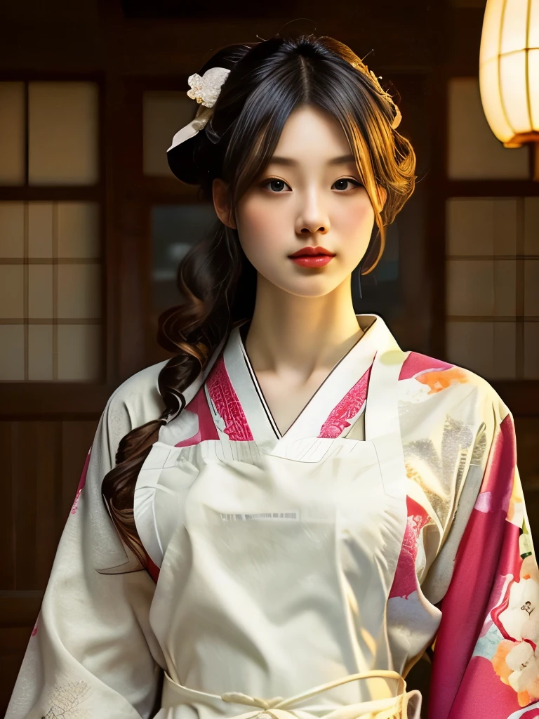 Beautiful young woman、A waitress at a cafe in the early Showa period、Elaborately drawn(Traditional Japanese Kimono:1.5)、(A large frilly white apron is worn over the kimono.:1.5)、Traditional Japan hairstyles、white ruffle headband、(highest quality、4k、8k、High resolution、masterpiece:1.2)、Super detailed、(Real、Photorealistic、Photorealistic:1.37)、Portrait、Bright colors、Soft lighting、Cowboy Shots、