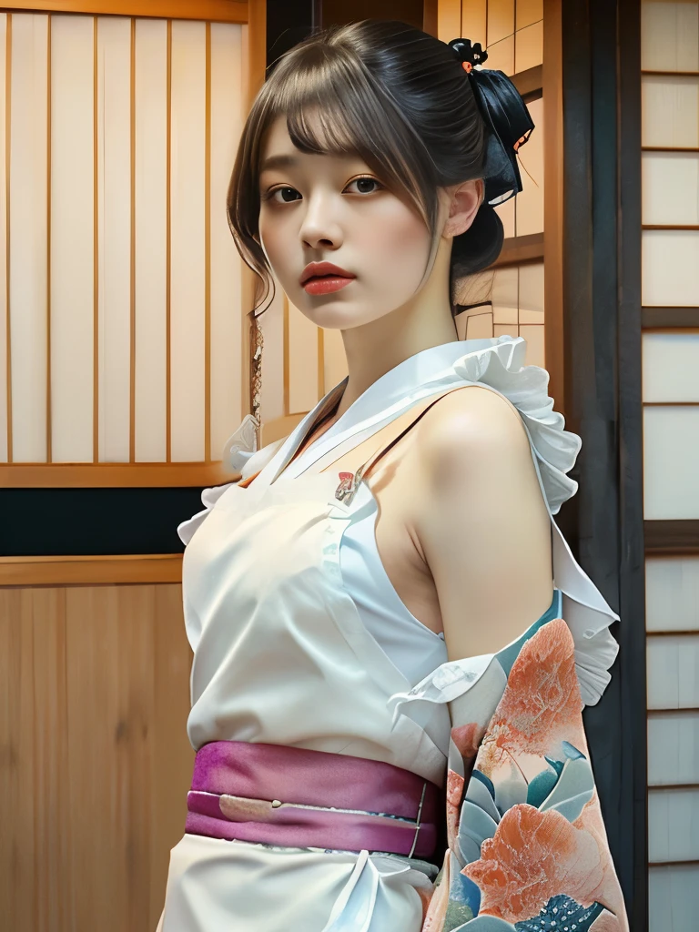 (Composition up to the knees)、An incredibly beautiful young woman、A cafe maid in the early Showa period、Elaborately drawn(Traditional Japanese Kimono:1.６)、(Kanoko tie-dye pattern)、(Over the kimono, a white apron with large frills is worn on the shoulder straps.:1.5)、Traditional Japan hairstyles、Wear a white frilly headband、(highest quality、4k、8k、High resolution、masterpiece:1.2)、Super detailed、(Real、Photorealistic、Photorealistic:1.37)、Portrait、Bright colors、Soft lighting、