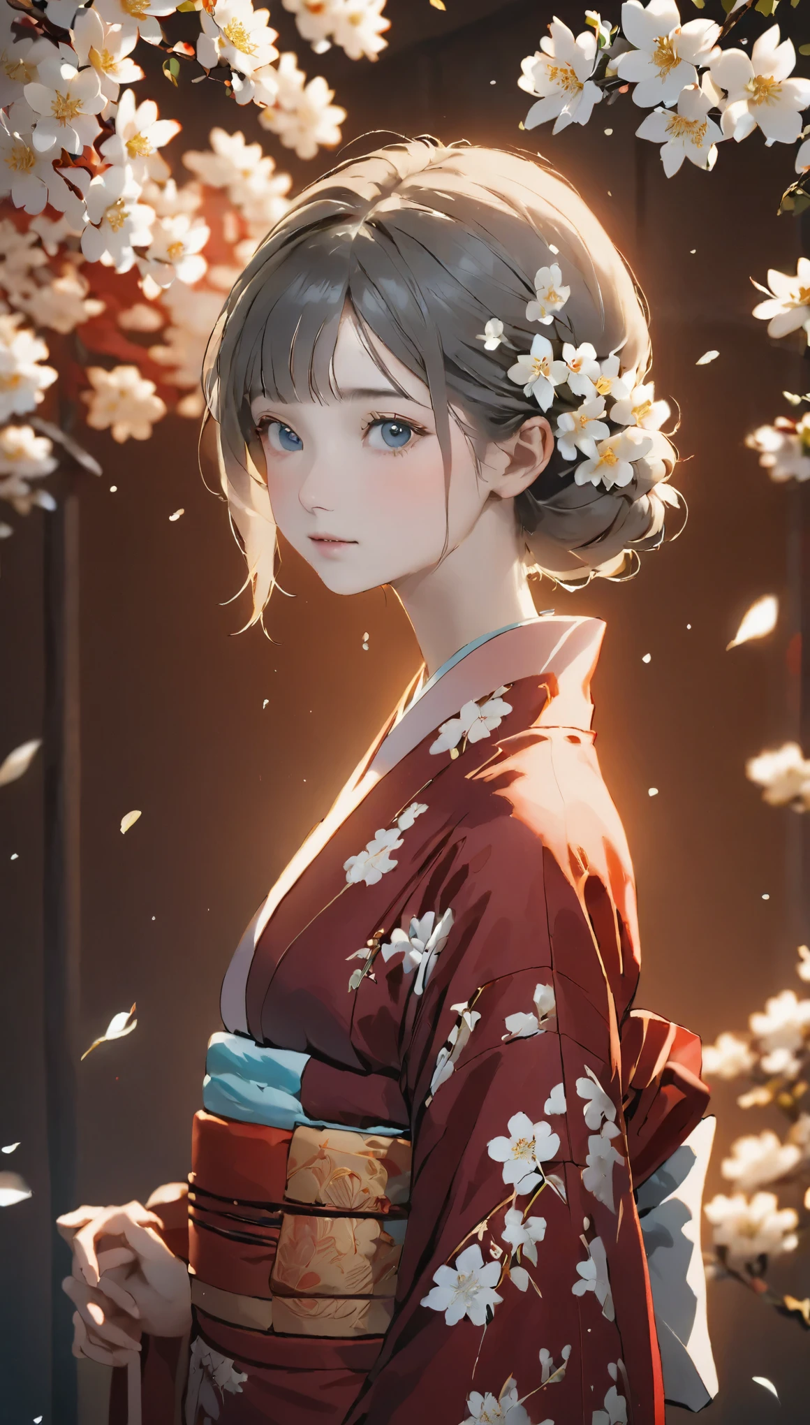 The background is a world of white flowers、highest quality, Tabletop, High resolution, (((One Girl))), 16 years old,Grey Eyes、Dark red kimono、((Dark red floral kimono)), Tyndall effect, Realistic, Shadow Studio, red lighting, Dual Tone Lighting, (High Definition Skins: 1.2) Digital SLR, photograph, High resolution, 4K, 8k, Background Blur,Beautiful fade out、The background is a world of white flowers