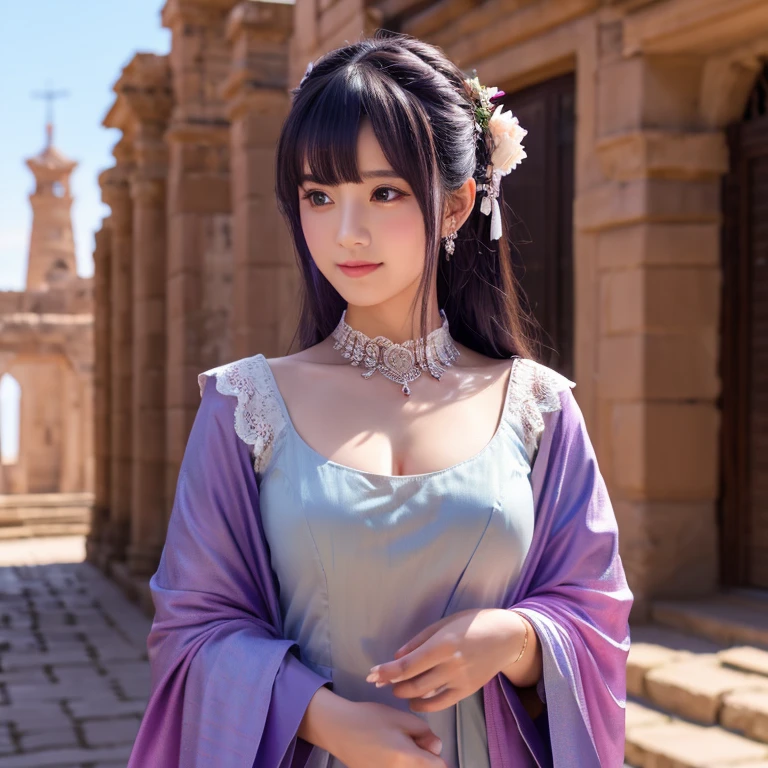 Anime Girl, Purple cat ears, long hair, beautiful clothes, Gouves style, 4k resolution, cgstation pop music, Ancient buildings, Enchanting girl, attractive, Original God Kru, Anime style, 8K, Beautiful anime woman, Women&#39;s Front.