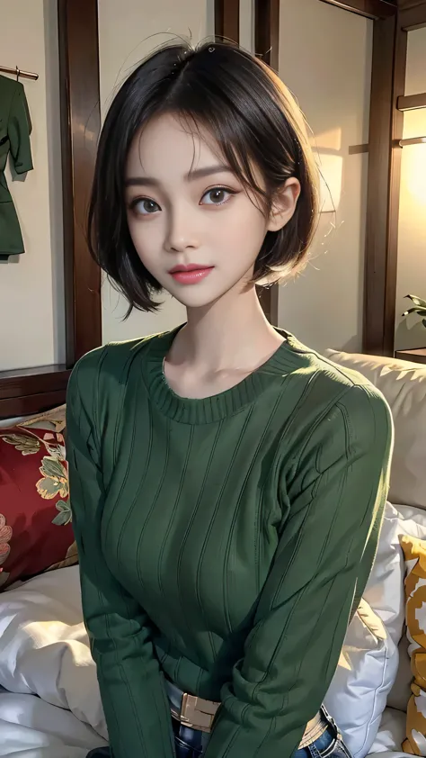 arafed asian woman Short hair and a green sweater, Young and adorable Korean face, Portraits of Korean female idols, beautiful y...