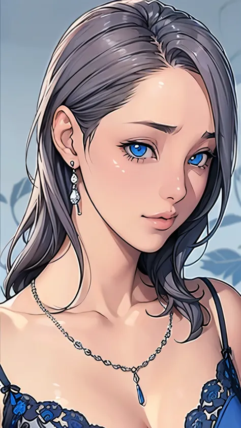 beautiful girl, Gray Hair, blue eyes,blue eyes,Black underwear with white lace, big 、In close range、Blue Earrings、blue necklace