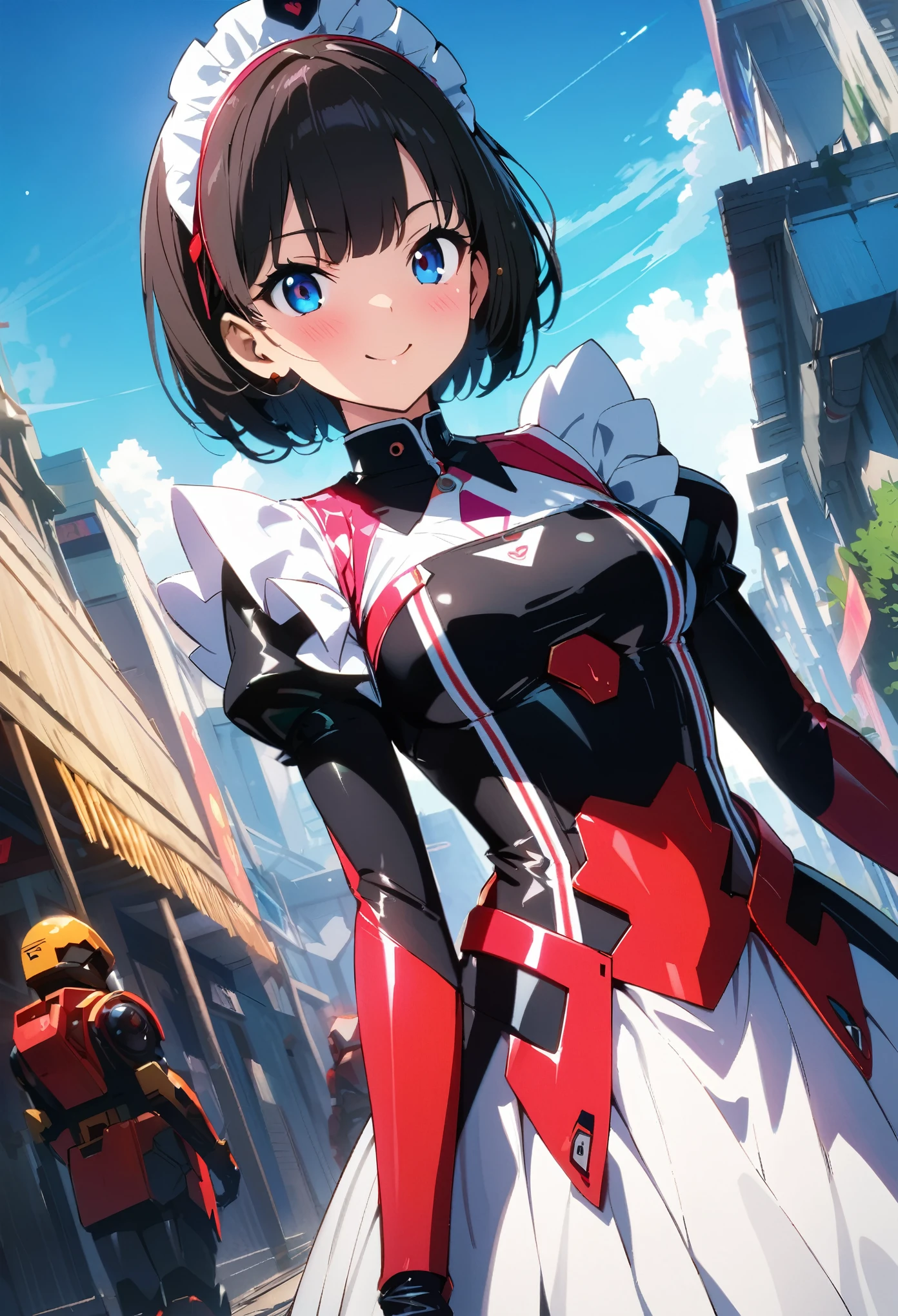 (highest quality:1.2, 4K, 8k, Studio Anime, Very detailed, up to date, Vibrant, High detail, High Contrast, masterpiece:1.2, highest quality, Best aesthetics), (((1 girl))), Stand and pose, Maid, Maid服, Cyber Suit:1.2, サイバーパンクMaid服:1.4, Bodysuits, Headdress, Frills, Mecha Dress Suit, Blushing:1.2, smile, Dynamic Angle, Dutch Angle:1.3, Friendly atmosphere, Put your hands up, Fun and young々Shii々Cool vibe, Precision and focus, Striking contrast,