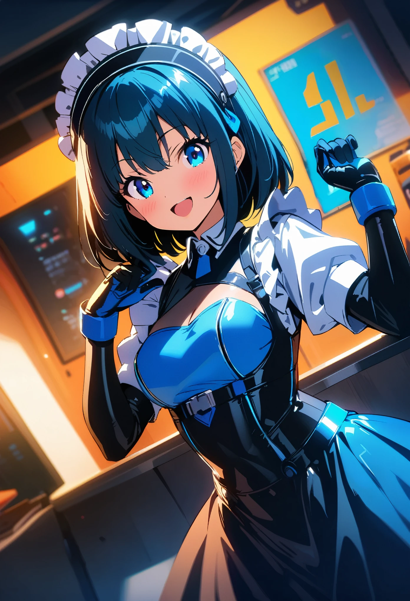 (highest quality:1.2, 4K, 8k, Studio Anime, Very detailed, up to date, Vibrant, High detail, High Contrast, masterpiece:1.2, highest quality, Best aesthetics), (((1 girl))), Stand and pose, Maid, Maid服, Cyber Suit:1.2, サイバーパンクMaid服:1.4, Bodysuits, Headdress, Frills, Mecha Dress Suit, Blushing:1.2, smile, Dynamic Angle, Dutch Angle:1.3, Friendly atmosphere, Put your hands up, Fun and young々Shii々Cool vibe, Precision and focus, Striking contrast,