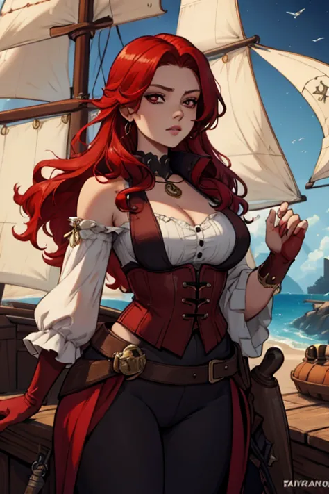 A red haired woman with red eyes and an hourglass figure in a pirate's outfit is  watching the stars on a pirate ship