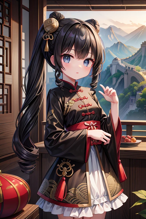 masterpiece, highest quality, High resolution, 15-year-old girl、black eye、
Black Hair、Drill Hair、Twin Drill、Red Chinese clothing、In front of the Great Wall