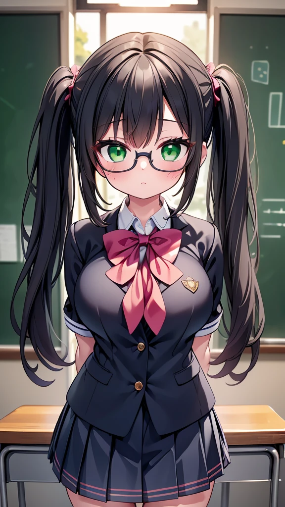 最好的质量,精彩的,精细地,extremely detailed CG 团结 8k 壁纸,1 名女孩, 大乳房,(校服:1.3), 看着观众, 把手臂放在身后,黑发, 眼镜, 绿眼睛,双马尾, 最好的质量,非常详细,团结 8k 壁纸,游戏CG