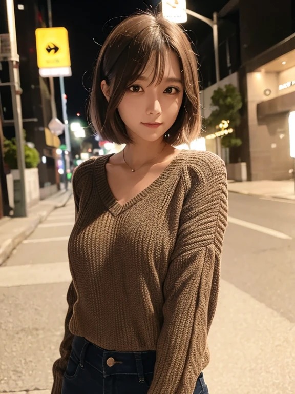 masterpiece, highest quality, High resolution,alone,Brown,artistic,Best lighting,casual,Flat Chest,Beautiful Face,expensive,smile,light makeup,Age 24,Calm woman,Detailed Hair,Laughing woman,Face Focus,Forehead,Bob Cut Hair,A woman wearing shorts,Alley,night