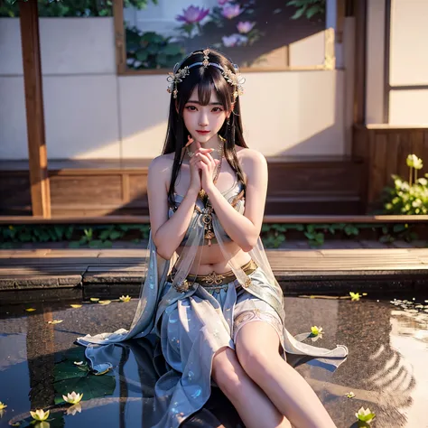 a beautiful korean girl wearing a shimmering saree, long dark hair, intricate silver jewelry, serene expression, sitting in a lu...