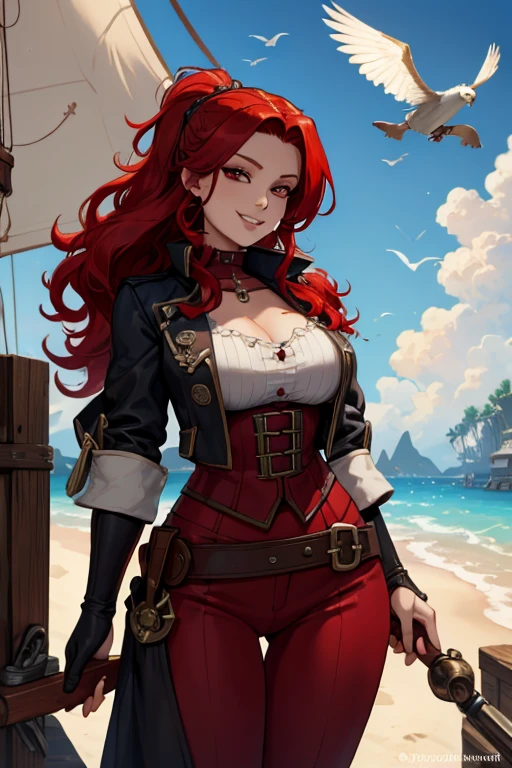 A red haired woman with red eyes and an hourglass figure in a pirate's outfit is smiling in front of shooting stars on a pirate ship