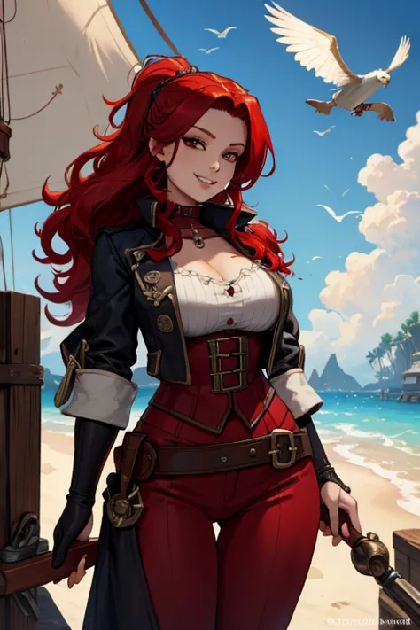 A red haired woman with red eyes and an hourglass figure in a pirate's outfit is smiling in front of shooting stars on a pirate ...