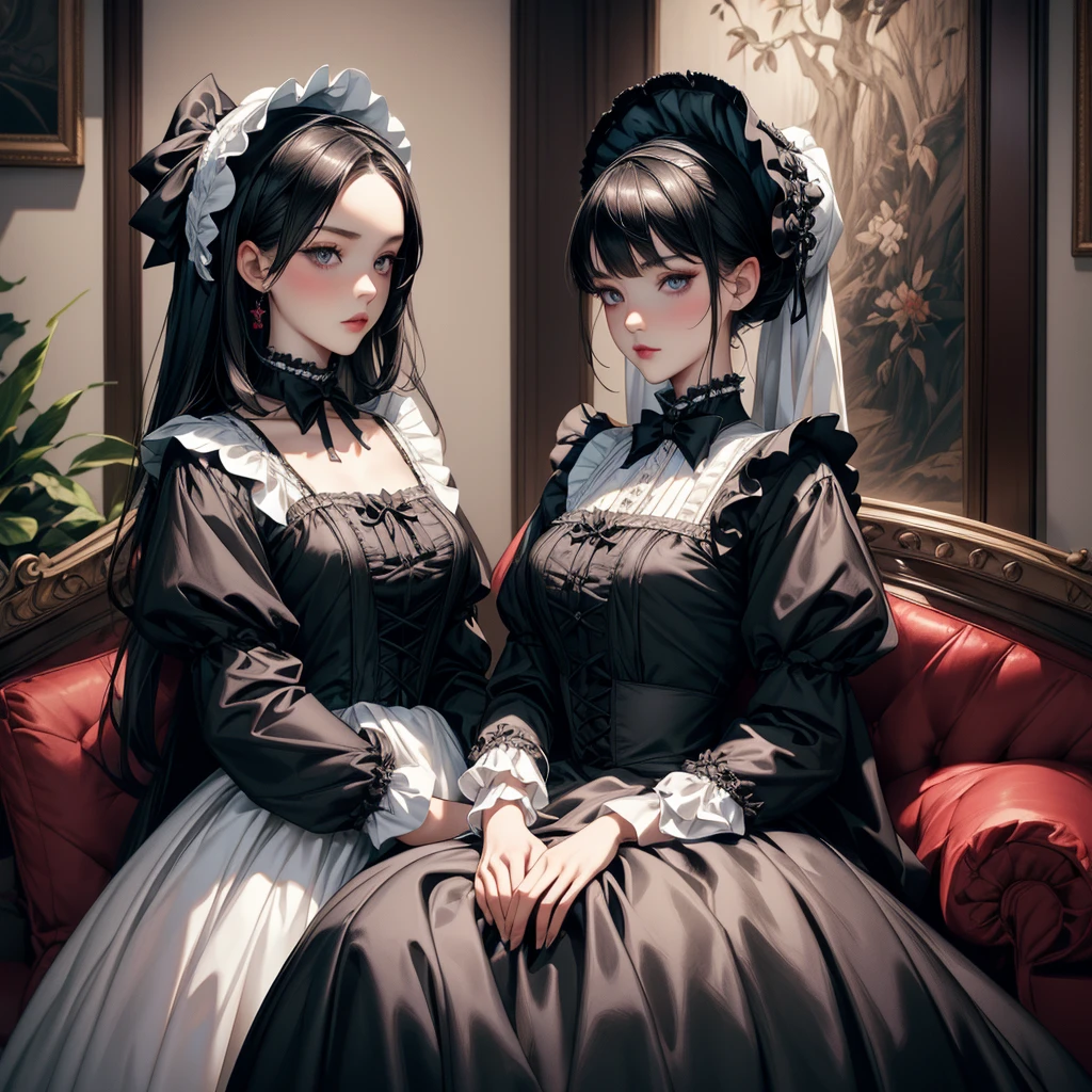 highest quality, masterpiece, Symmetrical and highly detailed eyes, Multiple girls, Highly detailed background, tendency (Art Station:1.46), Surreal, Cinema Lighting, Studio Quality, 8K resolution, masterpiece, Cafe with an English garden, A tea  with Gothic Lolita maid cosplayers、Gothic Lolita costume 女の子s in the background、Everyone is showing off their own cosplay.、An elegant white dress with a black base and a hidden chest、Highly detailed frills、Roll up the bonnet vertically、Skirt inflated with panniers、Gothic Lolita Style、Lolita 女の子 in white elegance black dress decorated with ruffles、Skirt with vertical roll pannier、Pixar Style, Tristan Eaton、Stanley Artgarm、Tom Bagshaw