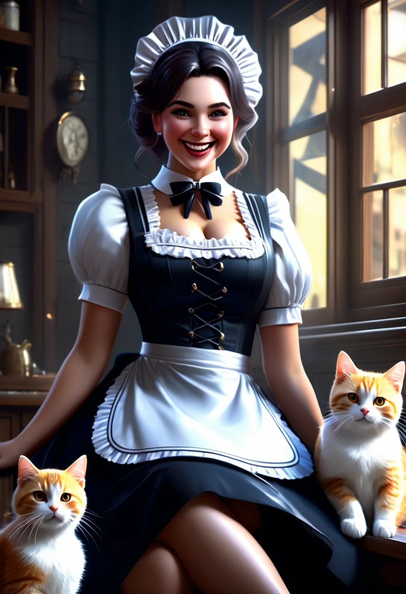 زي خادمة, فتاة جميلة متعرجة ترتدي زي خادمة وتضحك مع قططها الصغيرة, لوحة ماتي مفصلة, لون عميق, خيالي, تفاصيل معقدة, شاشة البداية, الألوان المكملة, فن مفهوم الخيال, دقة 8K رائجة على Artstation Unreal Engine 5