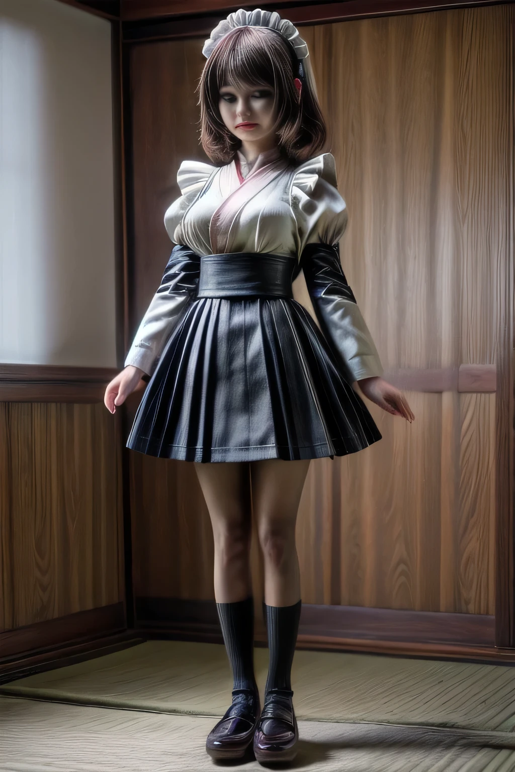 japanese milf wearing Maid Outfit, standing, full body shot