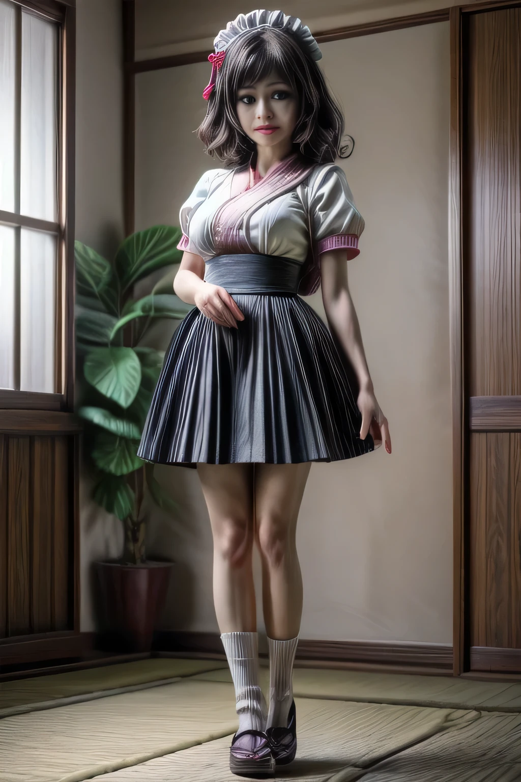 جبهة مورو يابانية ترتدي تنورة طويلة الأكمام قصيرة خادمة الزي, واقفا, لقطة لكامل الجسم