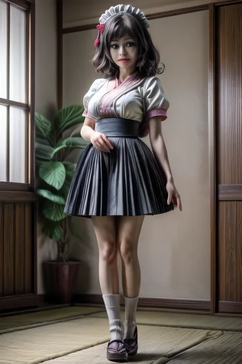 japanese milf wearing short sleeve long skirt Maid Outfit, standing, full body shot