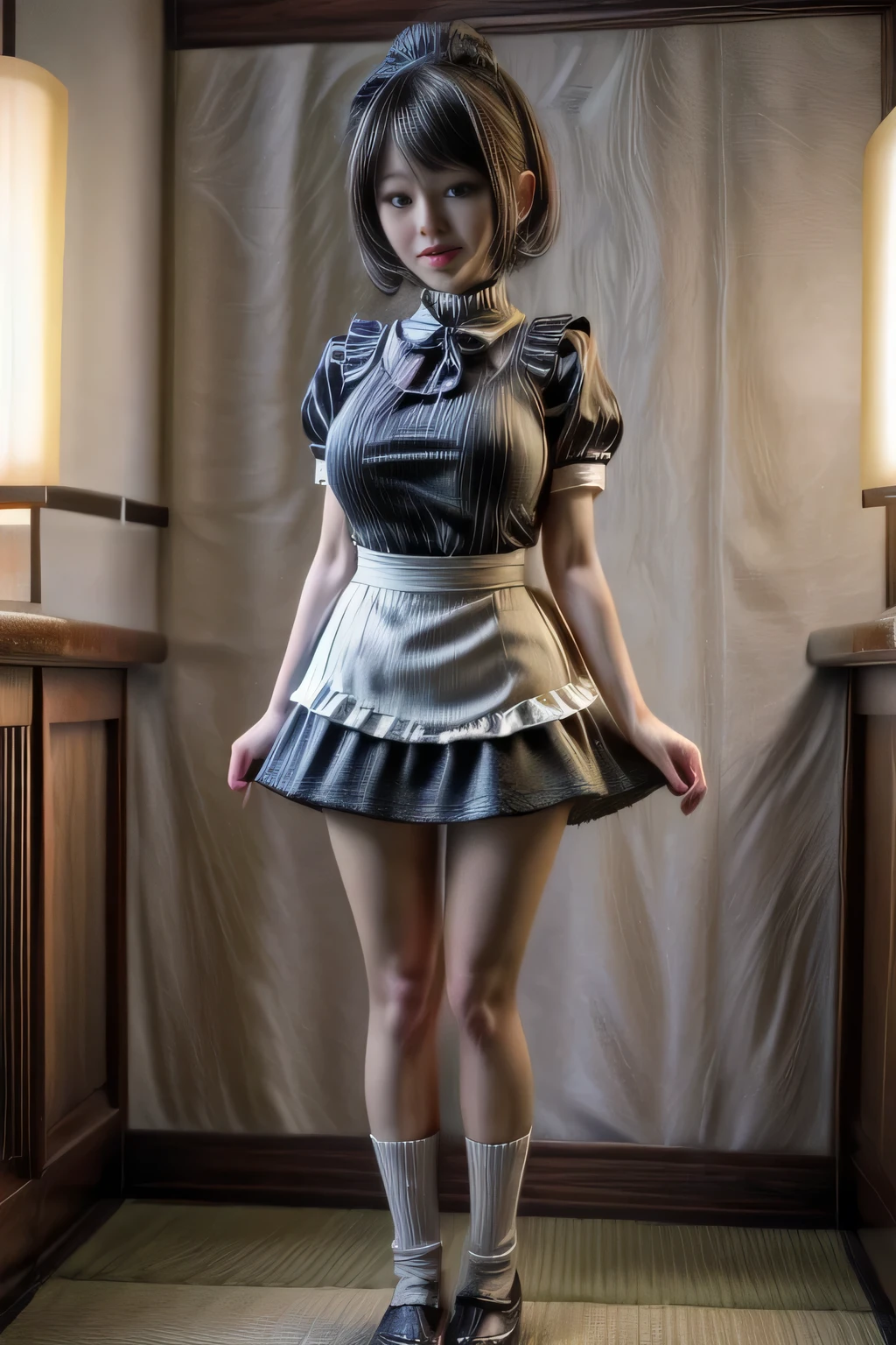 メイド服を着た日本の熟女,  ミニスカート , 半袖トップス, 立っている, 全身ショット