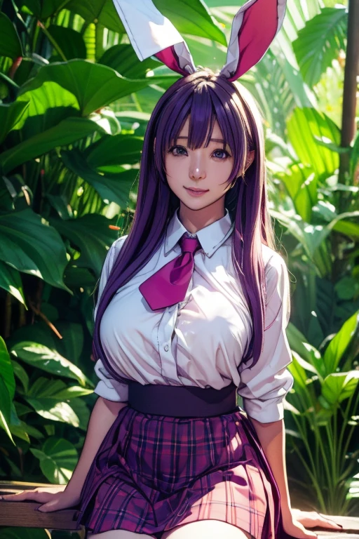 sit in tropical rainforest , steam , waistband of skirt is at the point above chest , plaid skirt , pleated skirt , Tight shirt , white Shirt , school girl , skirt under breasts , skirt is near breasts area , skirt is adjacent to the chest , (masterpiece, best quality, hires, high resolution:1.2, 4k, 8k , high quality), extremely detailed, realistic, intricate details, highres, 1girl, solo, ( , thick thighs, wide hips), arched back,(cinematic lighting, sunlight, perfect lighting, backlighting), eye-level shot, extreme close-up-shot, looking at viewer, , green skirt nakano_yotsuba_ecsta, blue eyes, orange hair, hair ribbon, nakano yotsuba , twin tails hair, green ribbon, hair between eyes , masterpiece, best quality, 1girl,smile,reisen udongein inaba, purple hair,very , twin tails long hair, rabbit ears, red eyes,black jacket,pink skirt,necktie,