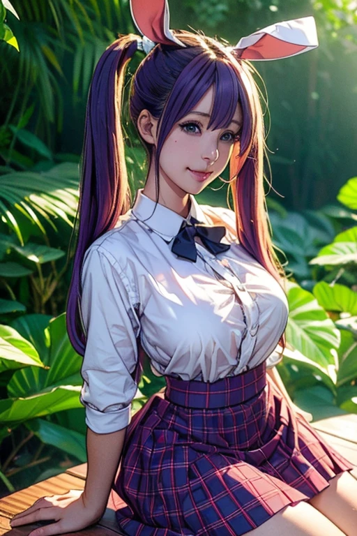 sit in tropical rainforest , steam , waistband of skirt is at the point above chest , plaid skirt , pleated skirt , Tight shirt , white Shirt , school girl , skirt under breasts , skirt is near breasts area , skirt is adjacent to the chest , (masterpiece, best quality, hires, high resolution:1.2, 4k, 8k , high quality), extremely detailed, realistic, intricate details, highres, 1girl, solo, ( , thick thighs, wide hips), arched back,(cinematic lighting, sunlight, perfect lighting, backlighting), eye-level shot, extreme close-up-shot, looking at viewer, , green skirt nakano_yotsuba_ecsta, blue eyes, orange hair, hair ribbon, nakano yotsuba , twin tails hair, green ribbon, hair between eyes , masterpiece, best quality, 1girl,smile,reisen udongein inaba, purple hair,very , twin tails long hair, rabbit ears, red eyes,black jacket,pink skirt,necktie,