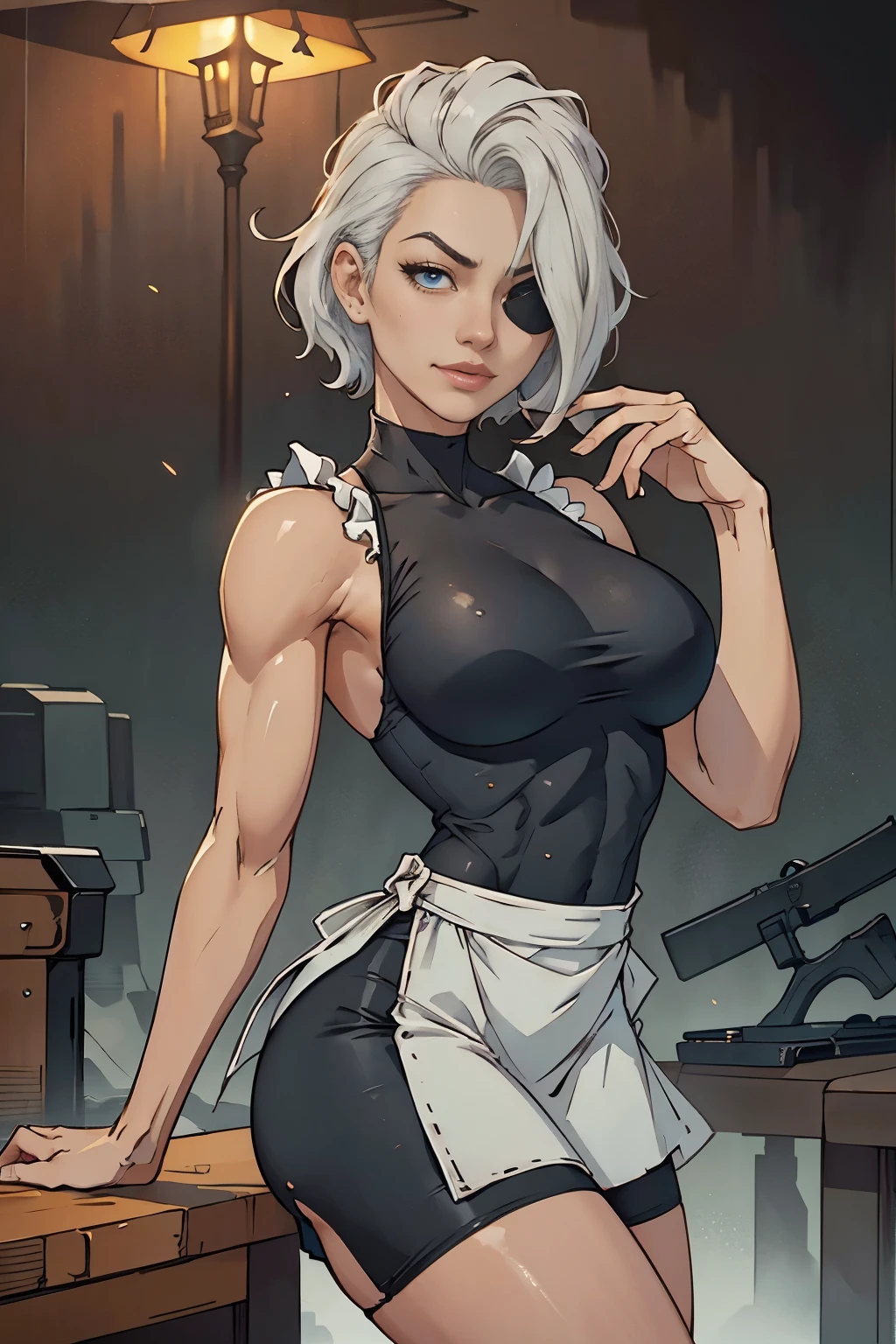 Beautiful female cyborg soldier wearing maid clothes、Short white hair、muscular、Six Pack Abs、（(White ruffled apron、mini skirt、Maid clothes：1.9)）、Facial blemishes、Eye patch、（Engage in a gunfight with space gangsters：1.5）、Smirking expression、Dynamic configuration、detailed、Photorealistic、8k、High resolution、Super detailed、Cinematic lighting、Dramatic colors、sf、Concept Art