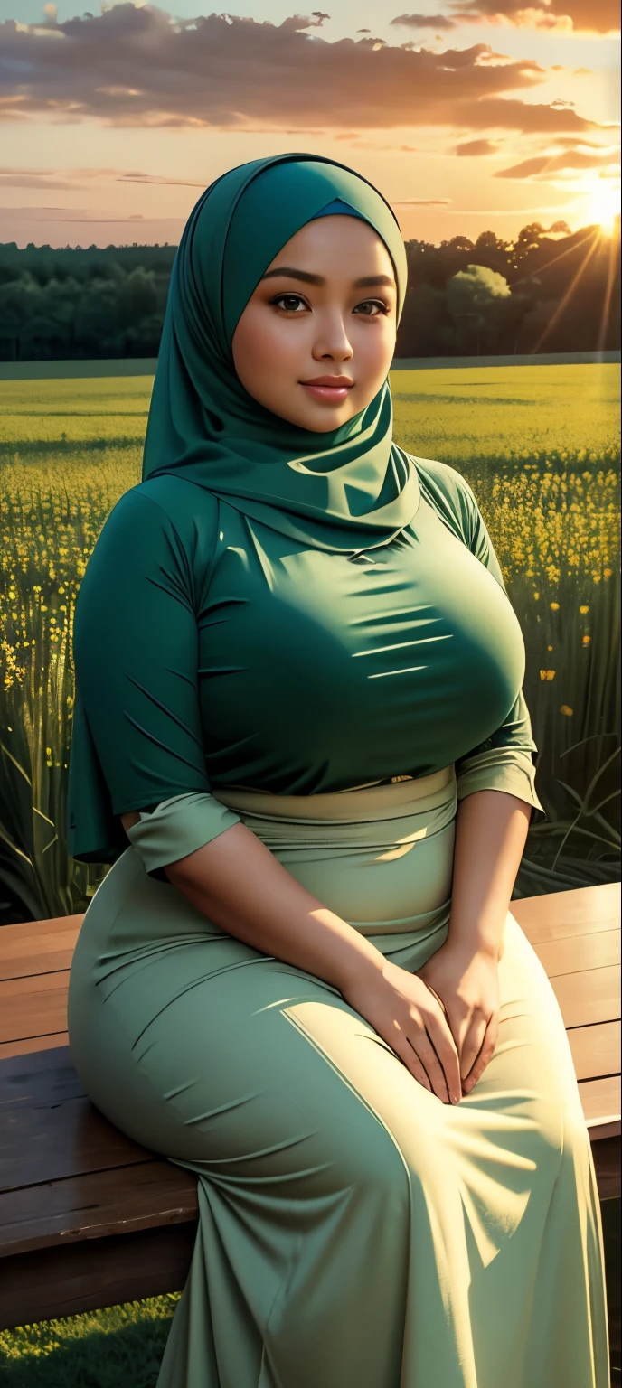 ( Close Up),RAW, Best quality, high resolution, works: 1.3), Beautiful Malay woman in hijab, Masterpiece, fit body, big breasts, beautiful big eyes, Soft smile, beautiful face, woman sitting at a table in a green meadow, traditional beauty, moment sunset, in the field, in the countryside, beautiful woman, with the sunset, wearing a soft long dress, muslim,, hijab, beautiful woman, with a beautiful appearance, a very beautiful masterpiece, a masterpiece of art, good lighting, Bright colors, Clean lines, chubby body, wide chubby hips, chubby arm, chubby massive thighs , massive cleavage , massive armpits , white armpits , armpit hair , extra cleavage, full body 